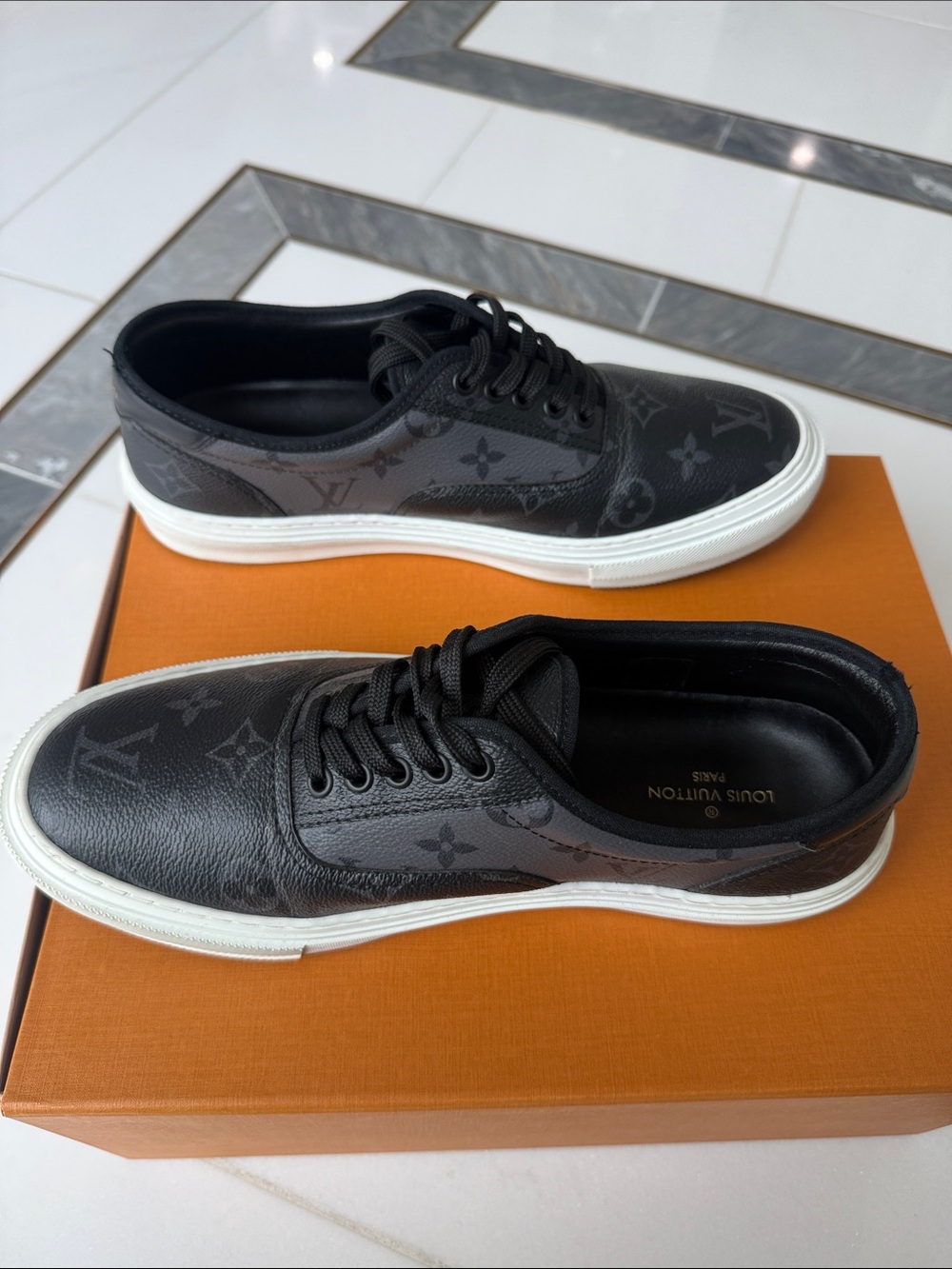 Louis Vuitton Black Monogram Leather Low-Top Sneakers with White Sole - Picture 6 of 7